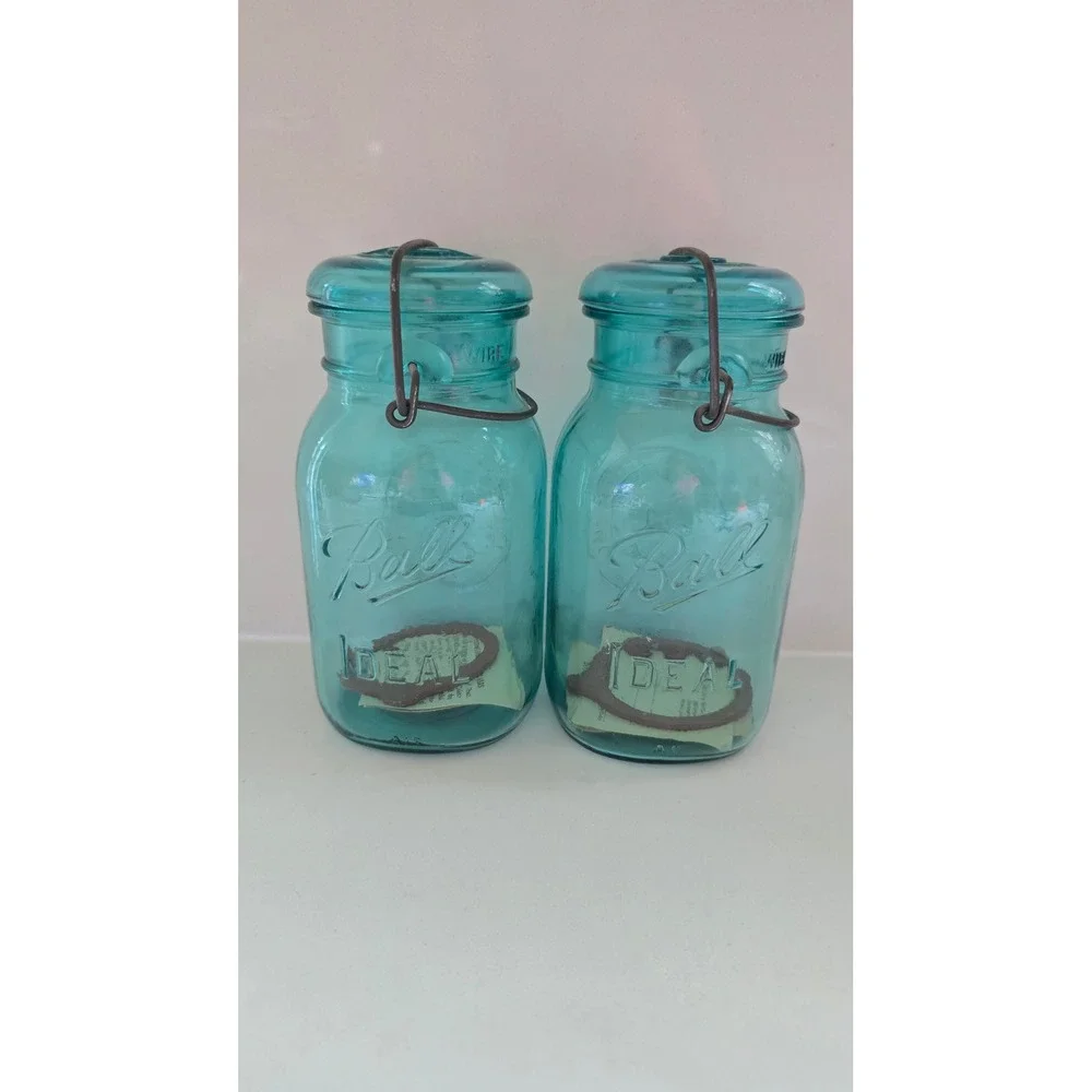 Ball Ideal Bicentennial Aqua Blue Glass Jars Wire Bail Set of 2 1776-1976